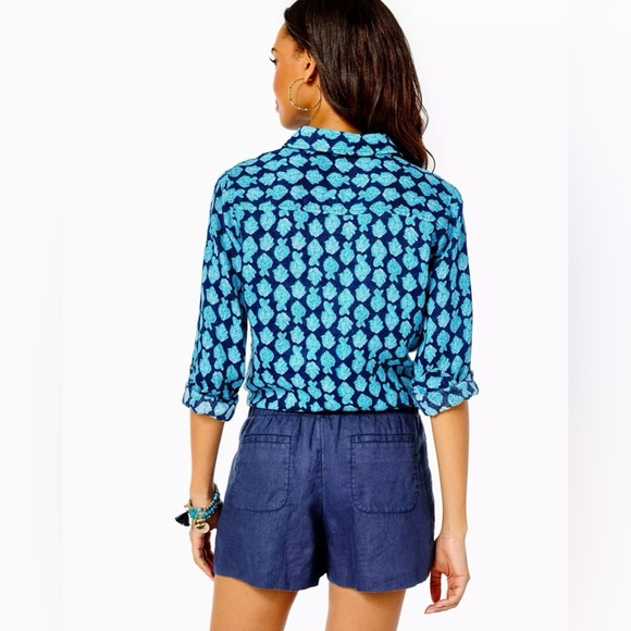 Lilly Pulitzer Sea View 100% Linen Shirt Low Tide Navy Size XS - Picture 3 of 11